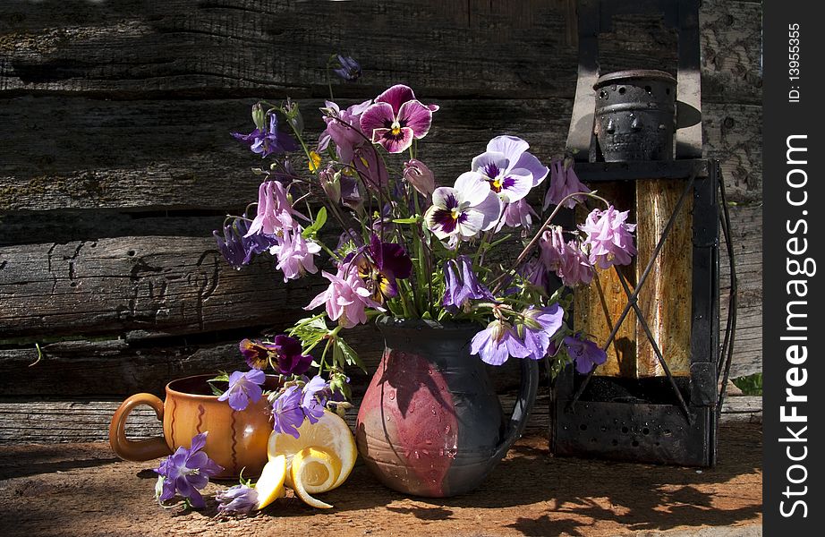 Still life with pansies on a background of old boards