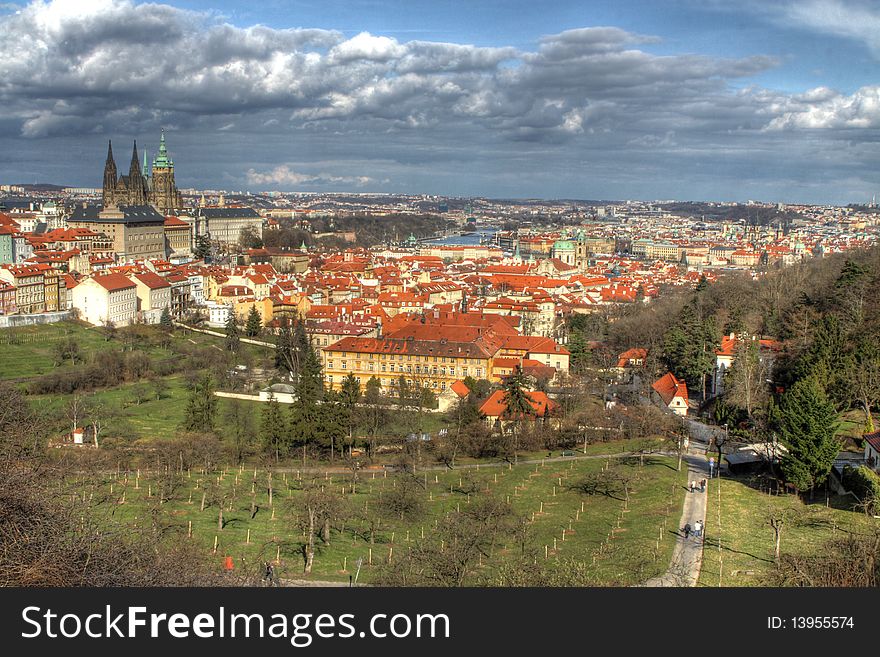 Center of Prague with castle under the spring clouds. Center of Prague with castle under the spring clouds