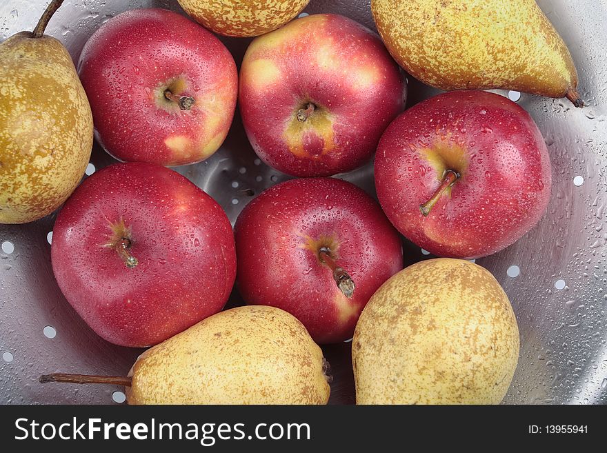 Ripe Red apples and pears fruit closeup. Ripe Red apples and pears fruit closeup