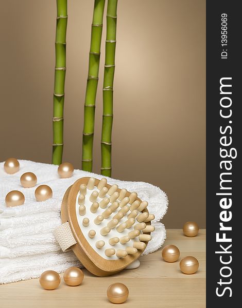 Towel, bath pearls, massage pad and bamboo sticks. Towel, bath pearls, massage pad and bamboo sticks