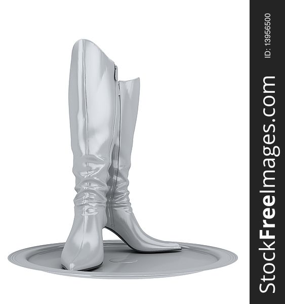 White female's boots on reflect plate isolated on white background