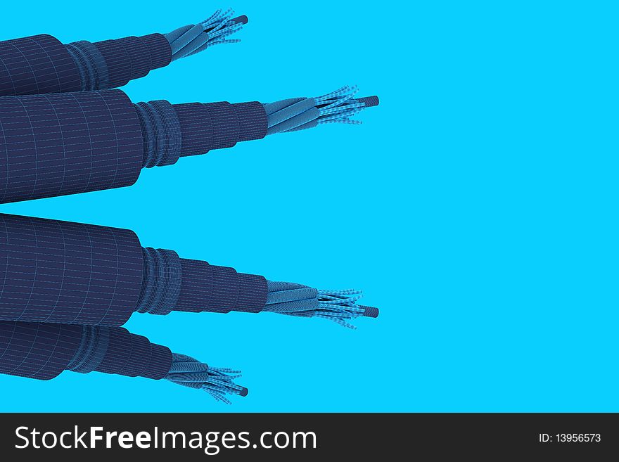 Group of electric cables. Isolated on blue background. Mesh view