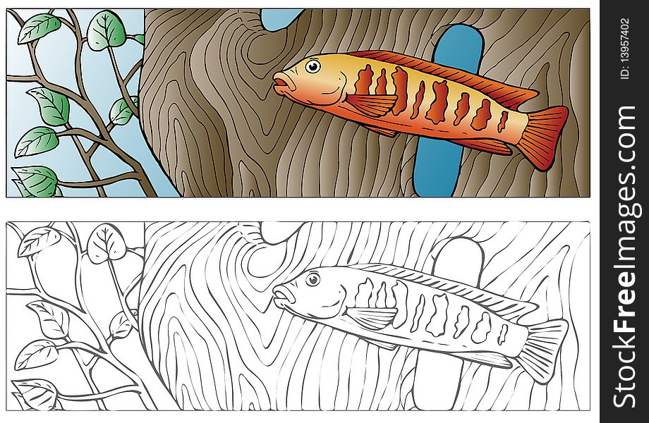 Vector Illustration of a cichlid type fish swimming in front of a log. Vector Illustration of a cichlid type fish swimming in front of a log.