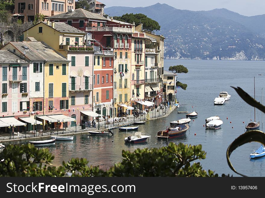 A foreshortened view of Portofino in a spring day. A foreshortened view of Portofino in a spring day.
