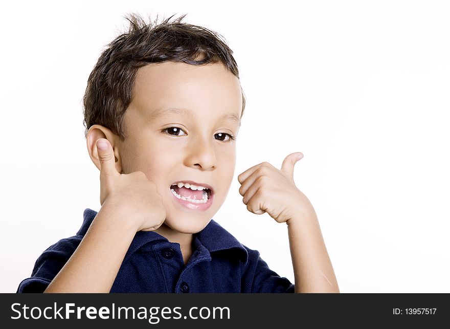 A three year old child expressing a positive attitude. Isolated image, Space to insert text or design