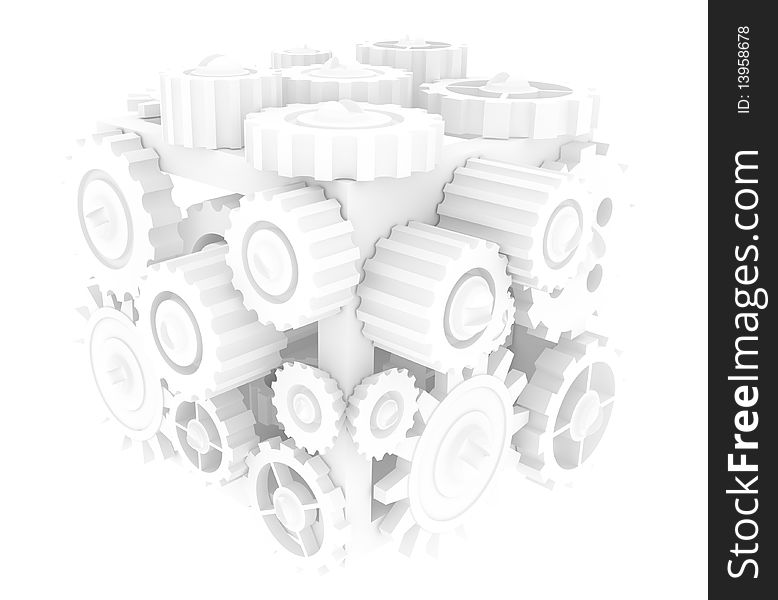 The complicated device with many gears on white background. The complicated device with many gears on white background