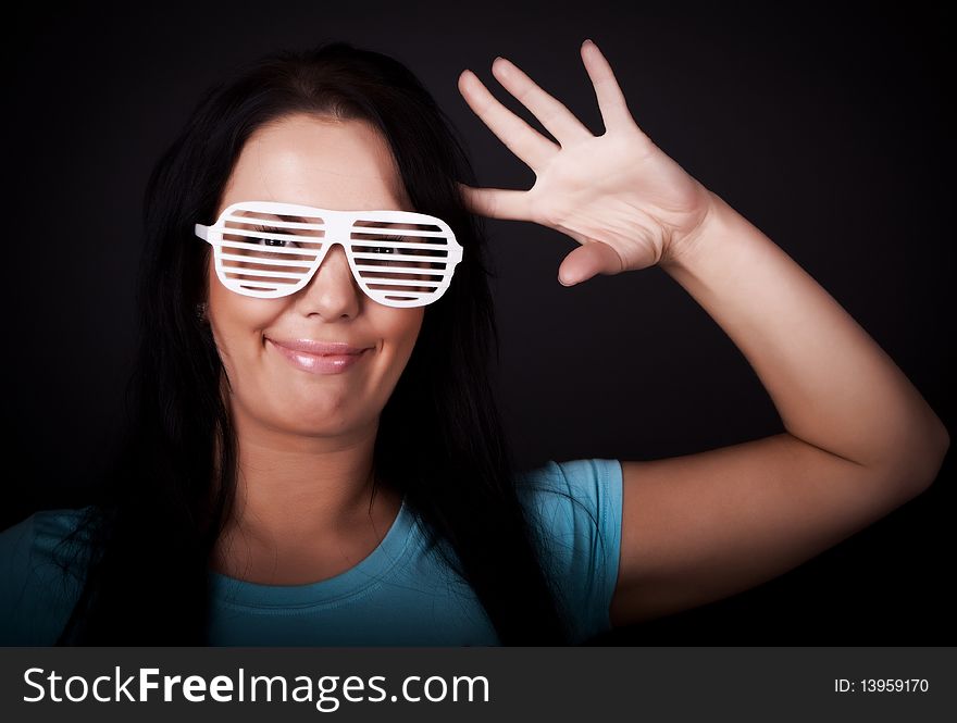 Image of happy girl with white sunglasses. Image of happy girl with white sunglasses