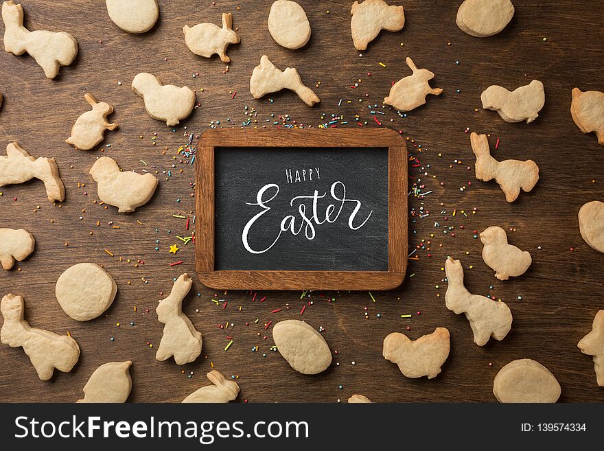 Easter gingerbread cookies. Eggs and rabbits. Top view