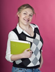 Blond Young Woman With Green Laptop Royalty Free Stock Photography Blond Young Woman With Green Laptop Royalty Free Stock Photography