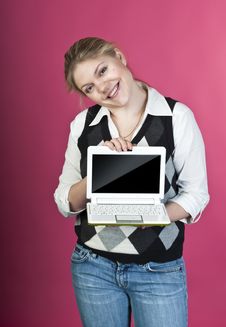 Blond Young Woman With Laptop Stock Images Blond Young Woman With Laptop Stock Images
