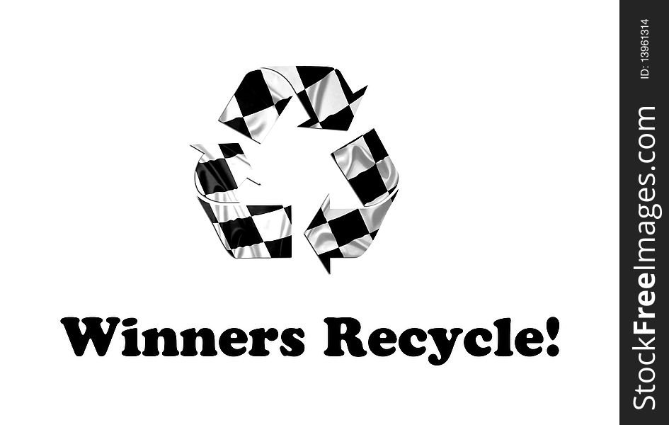 A F1 flag with checkered pattern in the shape of the recycling symbol. Text winners recycle! below symbol