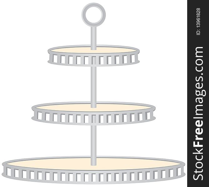 A three tiered silver serving tray with handle. It is empty and you can easily place what you like on each level.