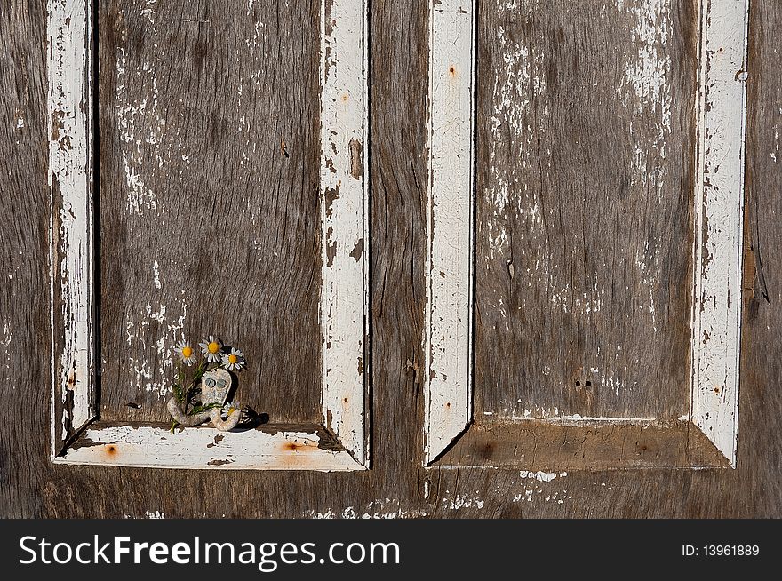 Old ragged painted with white paint Wooden door with daisies on a hook. Old ragged painted with white paint Wooden door with daisies on a hook