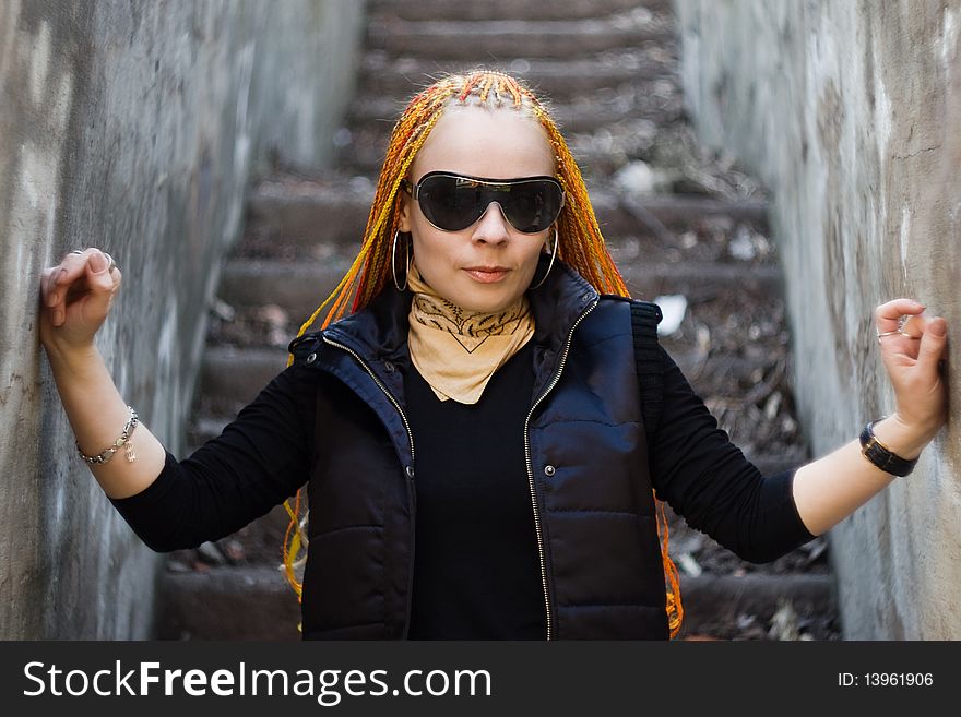 Young ginger caucasian girl with red dreadlocks. Young ginger caucasian girl with red dreadlocks