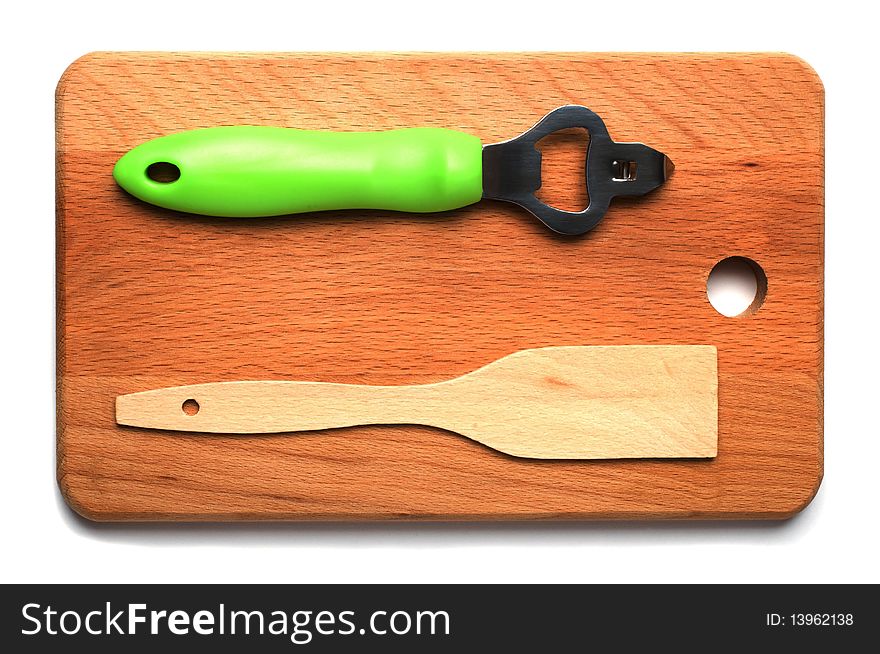 Hardboard, trowel, opener the top view isolated on a white background