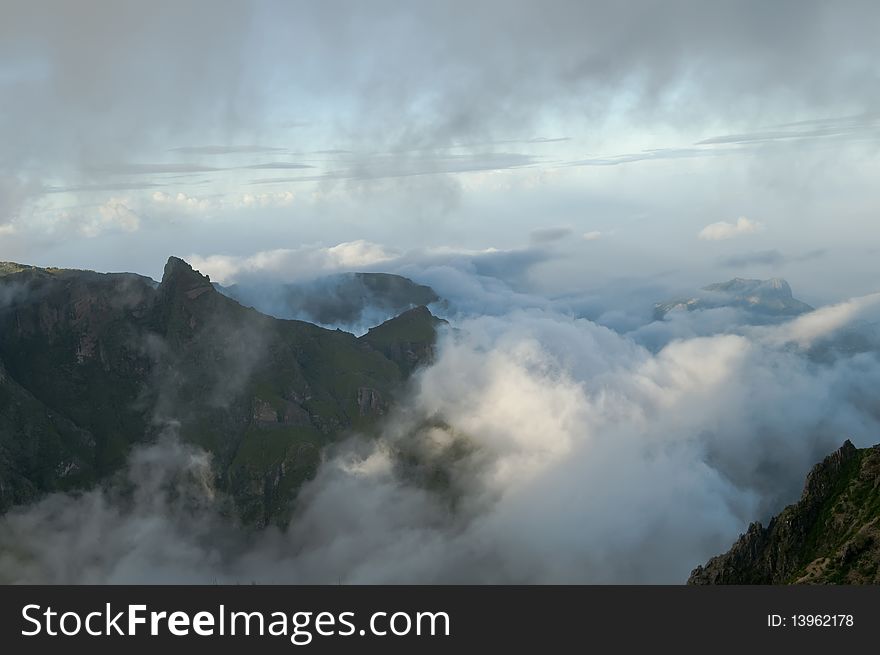 Mountains of Madeira island above the clouds at Pico do Areeiro and Ruivo. Mountains of Madeira island above the clouds at Pico do Areeiro and Ruivo