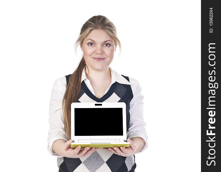 Attractive blond business woman isolated on a white background with laptop. Attractive blond business woman isolated on a white background with laptop
