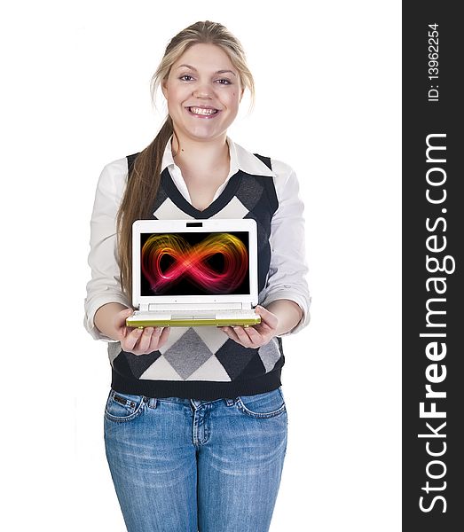 Attractive blond woman isolated on a white background with laptop. Attractive blond woman isolated on a white background with laptop