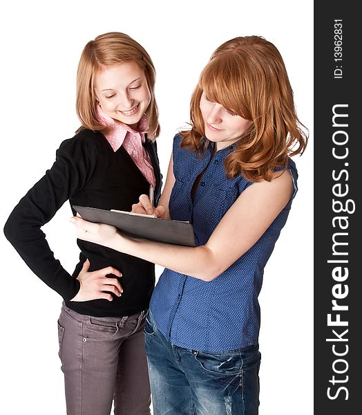 Two smiling girl with folder