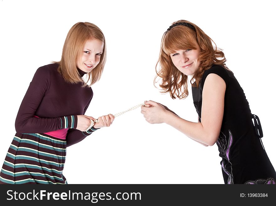 Two smiling girl. Isolated on white