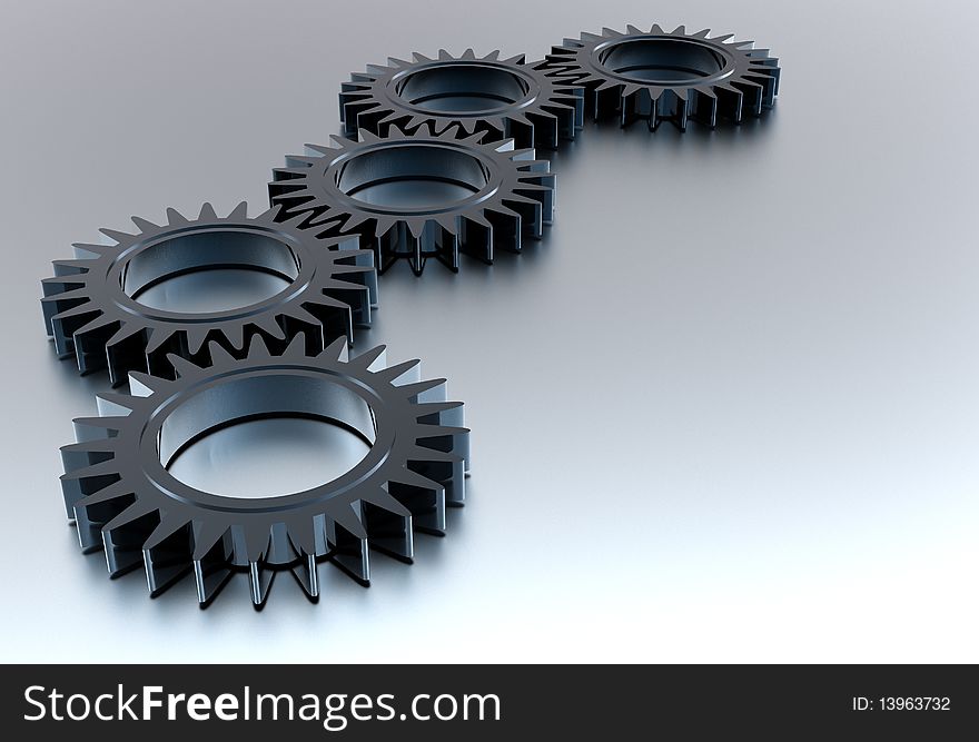 3d metal gears on glossy background. 3d metal gears on glossy background