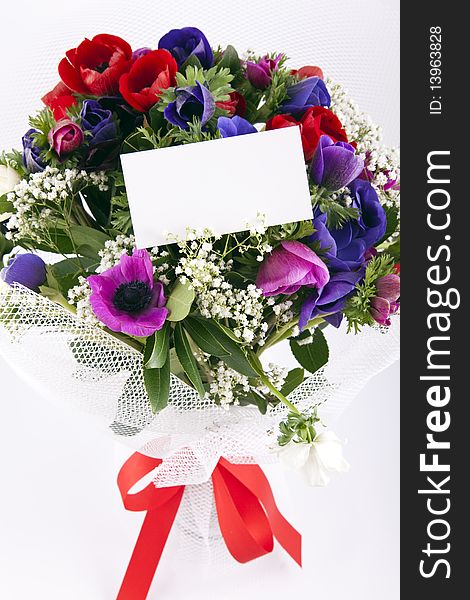 Bouquet Of Flowers With Blank White Card