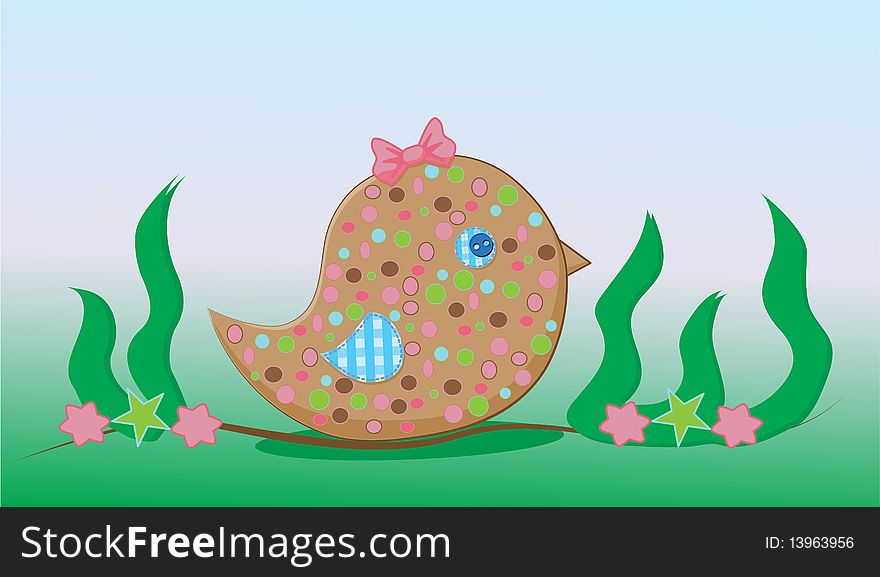 Illustration of a cartoon chicken with a brown cardboard polka-dotted body, stitched checkered cloth wing and eye, and a button pupil. Illustration of a cartoon chicken with a brown cardboard polka-dotted body, stitched checkered cloth wing and eye, and a button pupil.