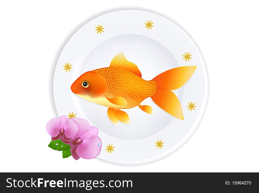 White Plate With Golden Fish, Golden stars, Flowers and leaves, Isolated On White. White Plate With Golden Fish, Golden stars, Flowers and leaves, Isolated On White