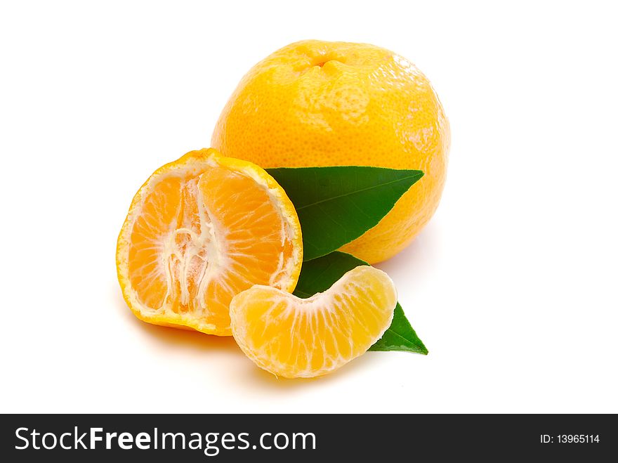 Fresh mandarin and leaves on white background. Fresh mandarin and leaves on white background