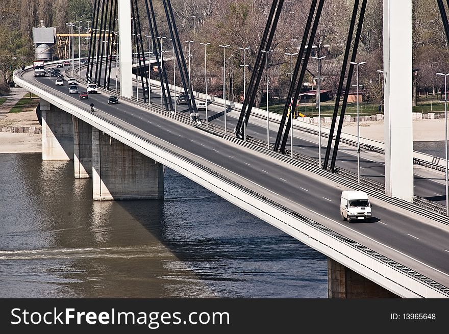 Modern bridge details. Pylons and steel stable cables