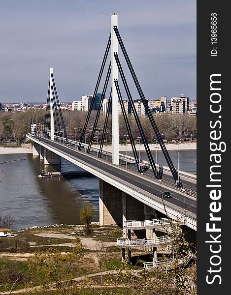 Modern bridge details. Pylons and steel stable cables