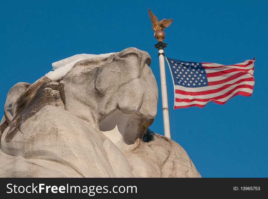 Snow Lion and American Flag at Union Station in Washington DC