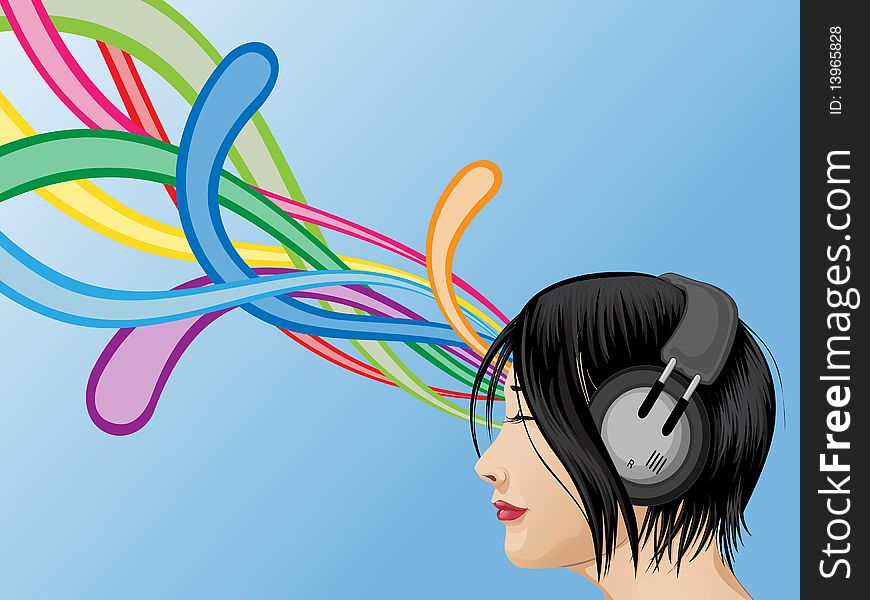 Illustration of a girl with headphone listening to colorful music. Illustration of a girl with headphone listening to colorful music