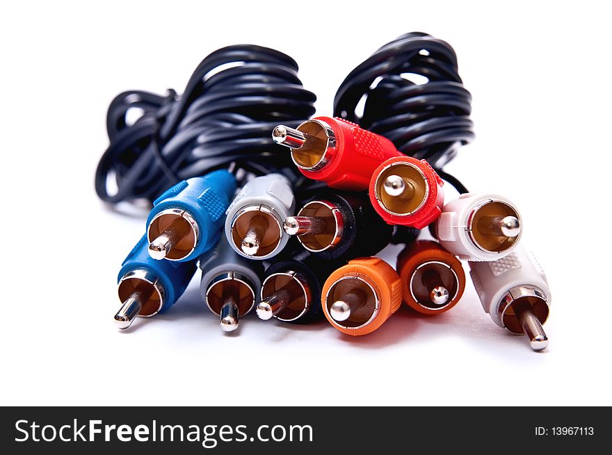 Bunch of RCA plug connectors isolated on white background