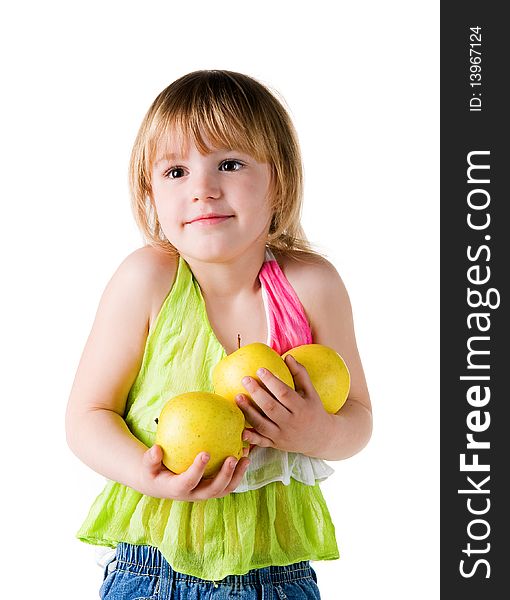 Little girl with armful of apples isolated on white background