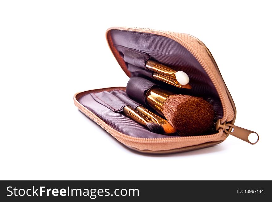 Makeup brushes in case isolated on white background