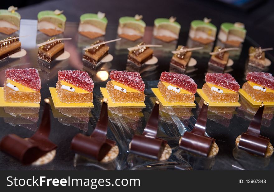 Tray of various delicious pastries on display. Tray of various delicious pastries on display