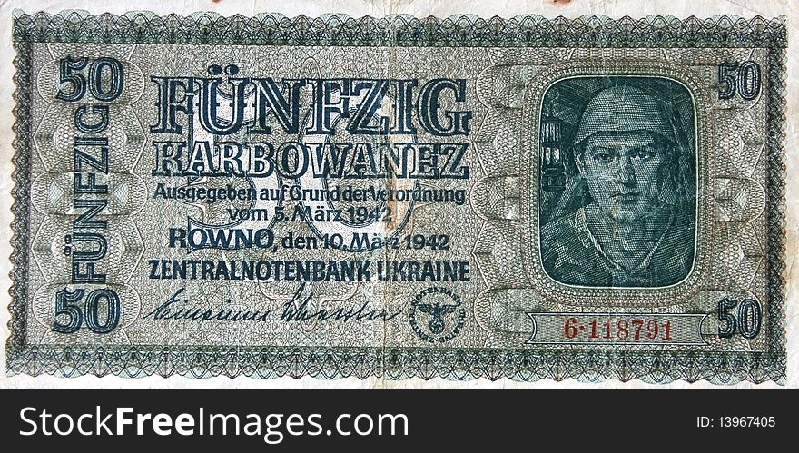 50 karbowanez which were let out by Germany in 1943 on an occupied territory of Ukraine in a city Rovno. 50 karbowanez which were let out by Germany in 1943 on an occupied territory of Ukraine in a city Rovno