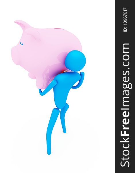 3d person holding piggy bank isolated on white