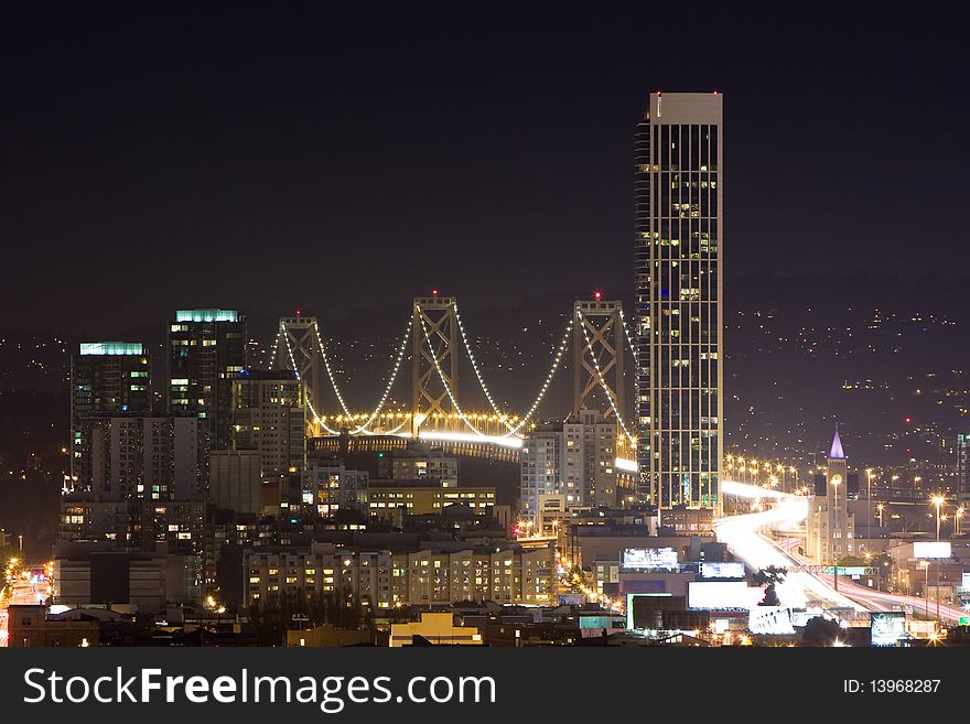 Bay Bridge and at night seen from San Francisco, California. Bay Bridge and at night seen from San Francisco, California.