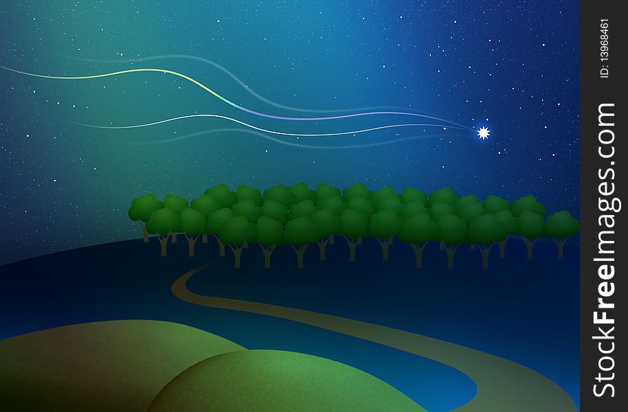 Summer night landscape with green trees and flying star