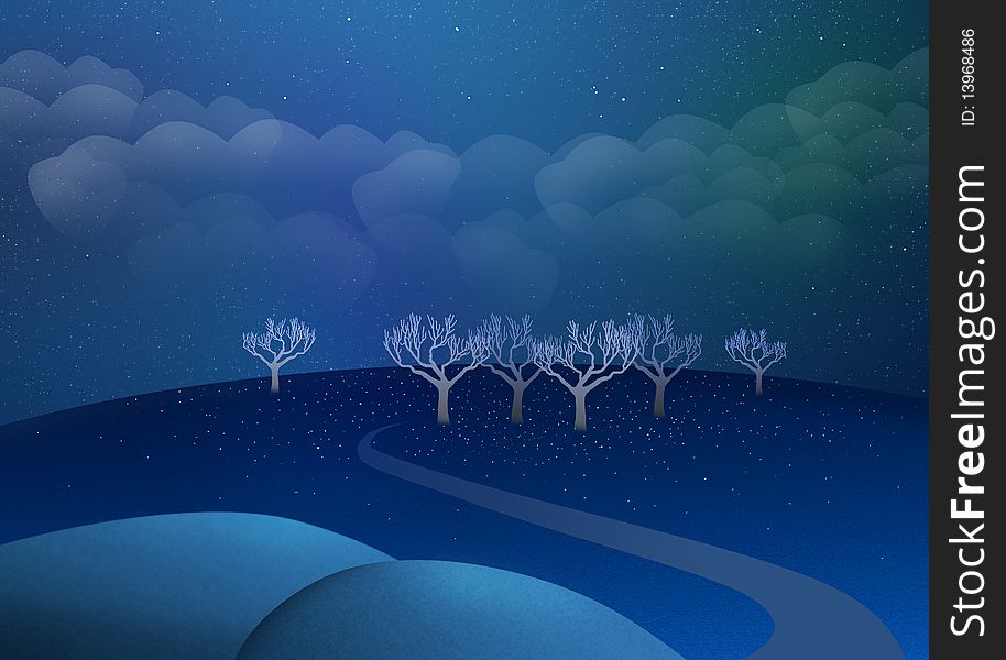 Winter night landscape with white trees and cloudy sky illustration