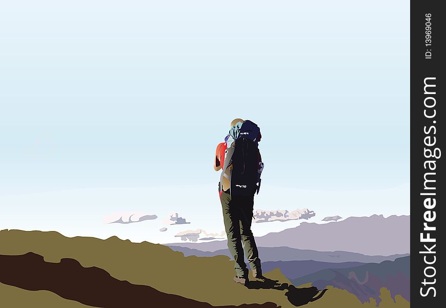 This is an illustration with a young climber admiring the view from the top of the mountain. This is an illustration with a young climber admiring the view from the top of the mountain