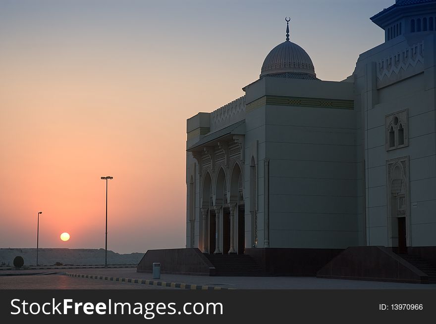 Mosque at sunset in Shargah, UAE. Mosque at sunset in Shargah, UAE
