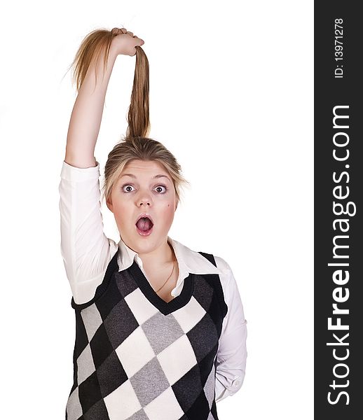 Beautiful woman with tail, posing playful on white