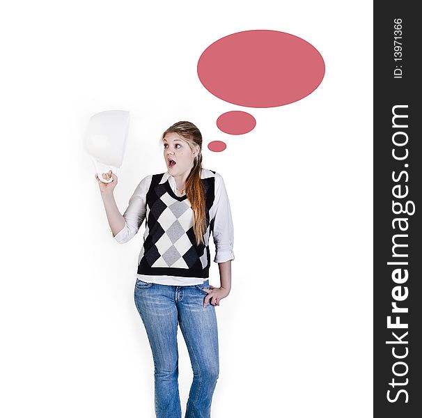 Portrait of beautiful blond girl holding a big white cup on white background. Portrait of beautiful blond girl holding a big white cup on white background