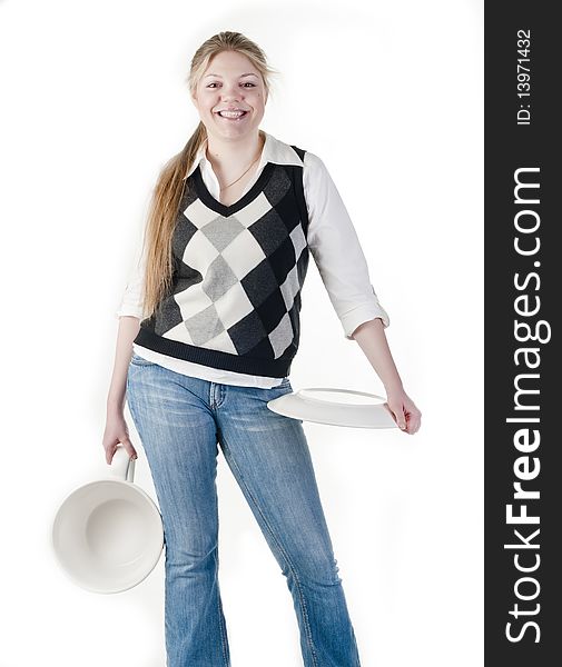 Portrait of beautiful blond girl holding a big white cup on white background. Portrait of beautiful blond girl holding a big white cup on white background