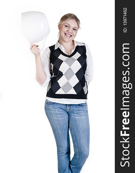 Portrait of beautiful blond girl holding a big white cup on white background. Portrait of beautiful blond girl holding a big white cup on white background