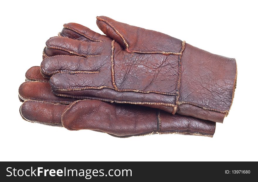 Brown fur gloves isolated on white background