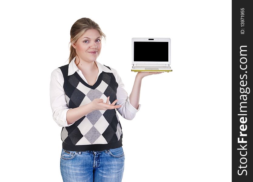 Attractive blond business woman isolated on a white background with laptop. Attractive blond business woman isolated on a white background with laptop